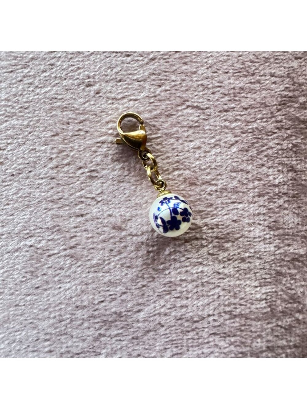 18K PVD Gold White Glass Bead Charm With Blue Floral Print & Gold Lobster Clasp - Picture 7 of 11